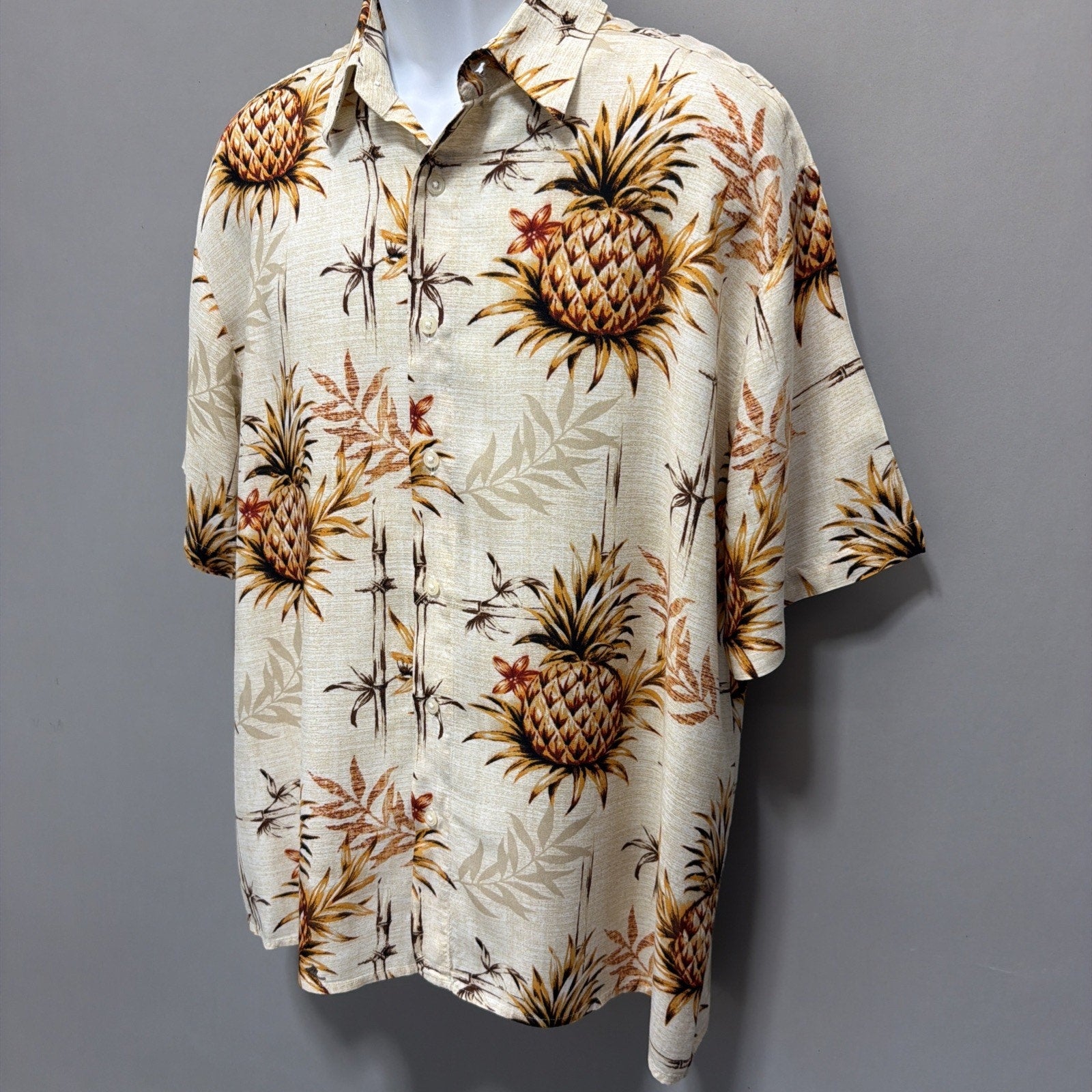 Pineapple Natural Issue Silky Touch Shirt Men L Tan & Brown 100% Rayon Coastal