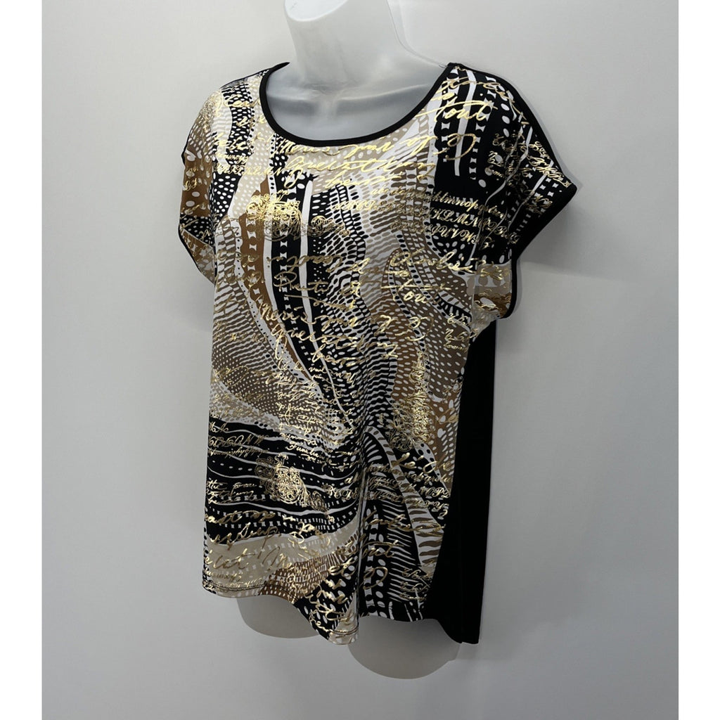 ALLISON DALEY Womens Size Petite Small Black Gold Script Shiny Dressy Top