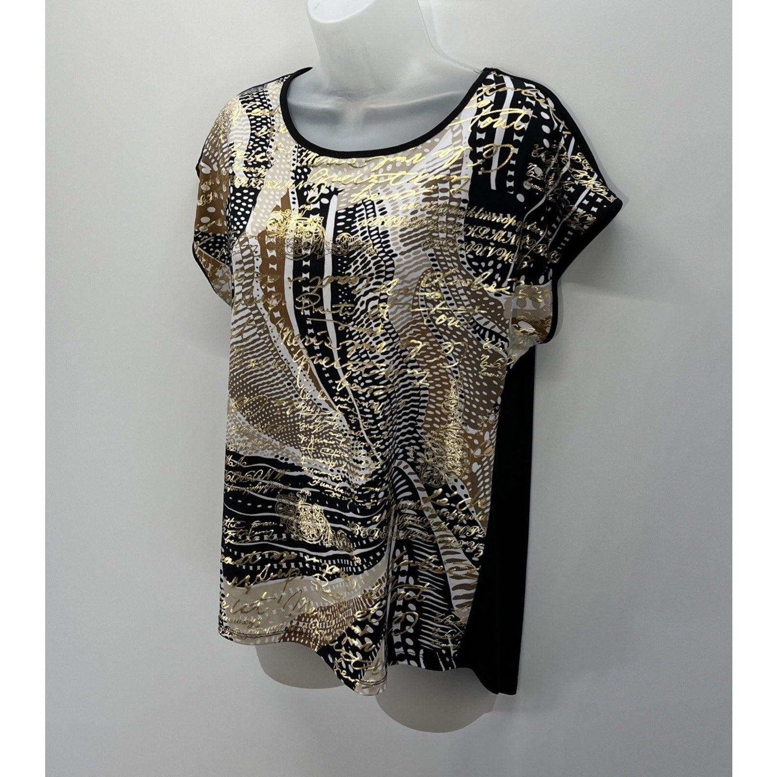 ALLISON DALEY Womens Size Petite Small Black Gold Script Shiny Dressy Top