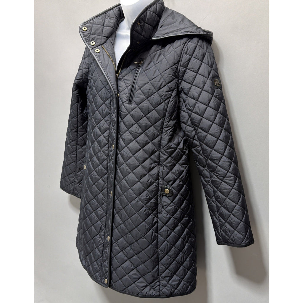 Lauren Ralph Lauren Black Label Quilted Vegan Leather Trim Hooded Coat Size M