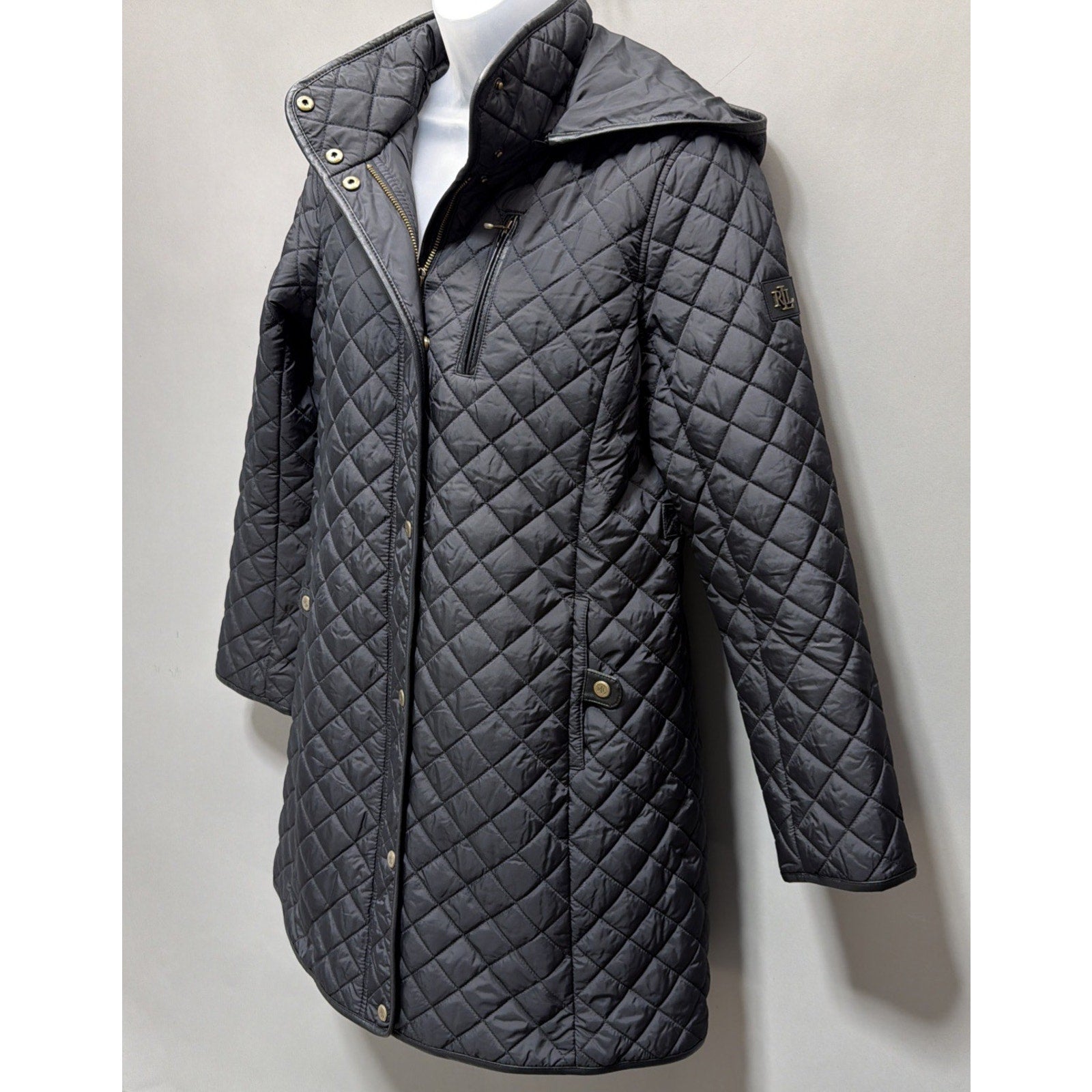 Lauren Ralph Lauren Black Label Quilted Vegan Leather Trim Hooded Coat Size M