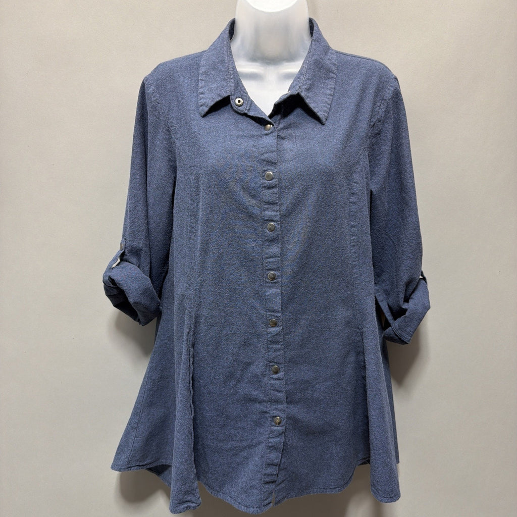 Simply Noelle Button Front 100% Cotton Blouse Tunic Women L/XL Roll Tab Blue