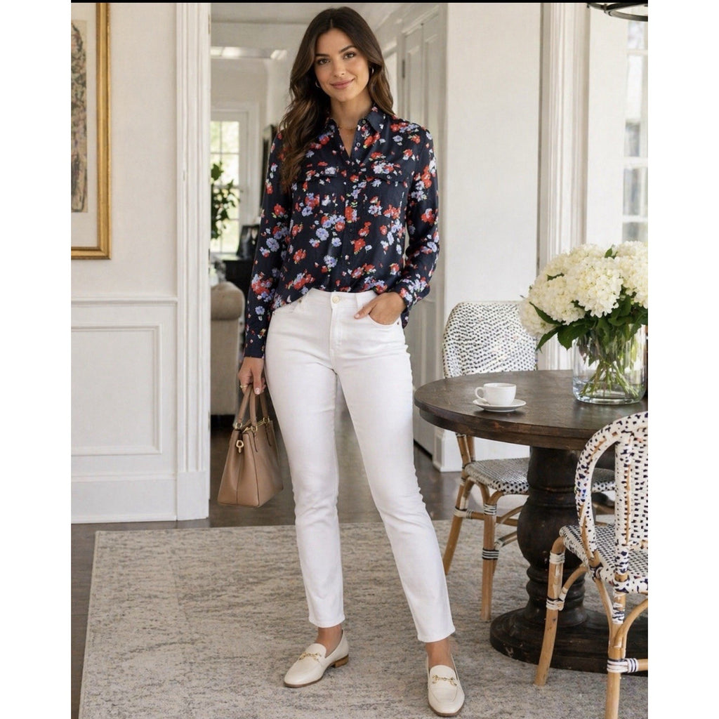 Lauren Ralph Lauren Sz M Blouse Button Down Shirt Long Sleeve Silk Blend Floral