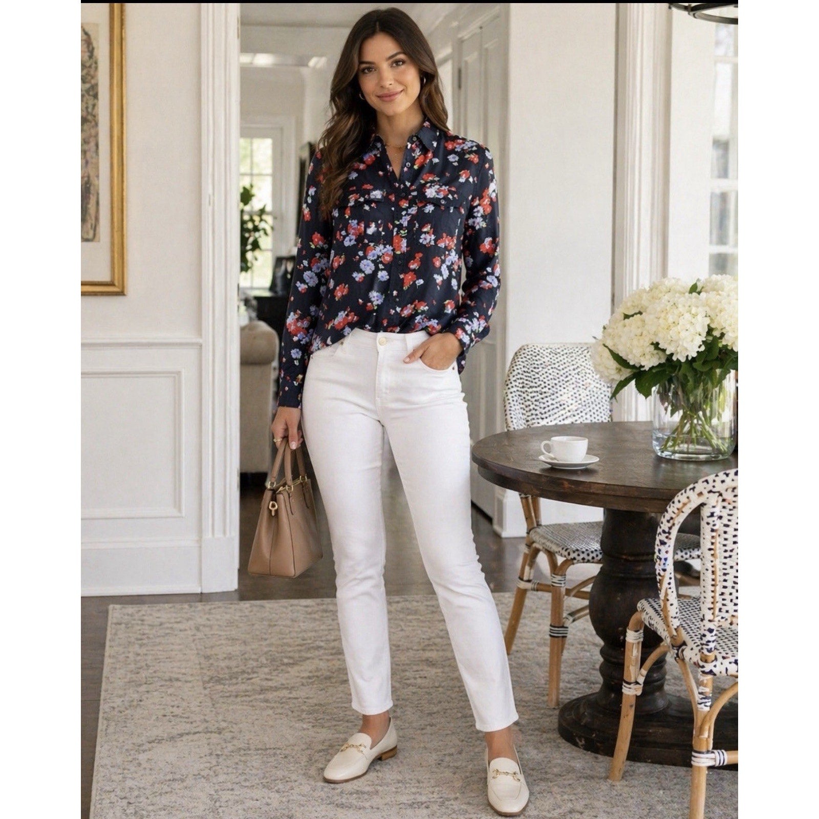 Lauren Ralph Lauren Sz M Blouse Button Down Shirt Long Sleeve Silk Blend Floral