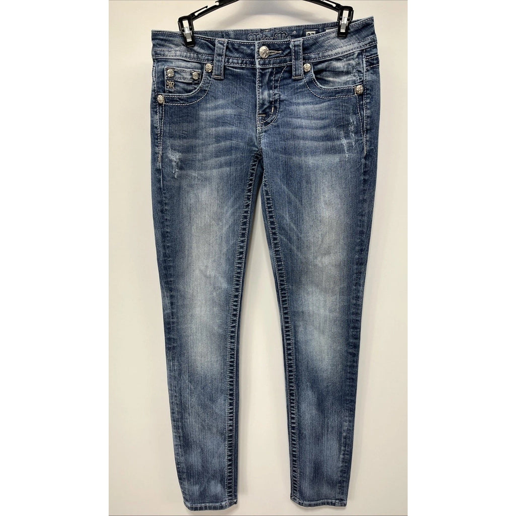 Miss Me Signature Rise Skinny Blue Jeans Womens Size 27x31 Rhinestones Embellish