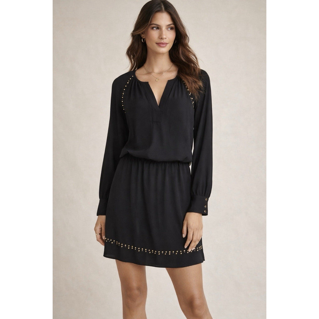 WHBM White House Black Market Black Studded Boho Dress Long Sleeve Tunic Size 2