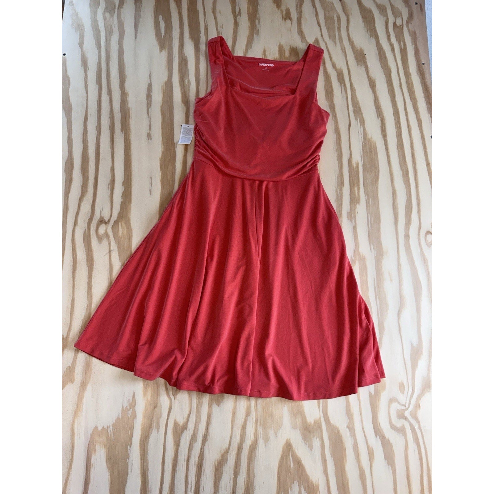 Lands' End Coral Sleeveless Dress Womens Small Ruched Waist Fit Flare Modal Knit