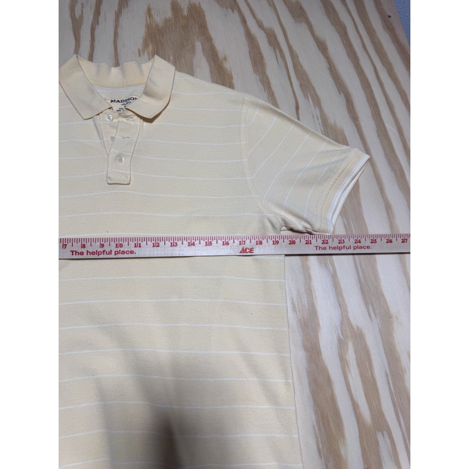 Madison Clothing Co Polo Shirt Mens M Cream Striped 100% Cotton Short Sleeve