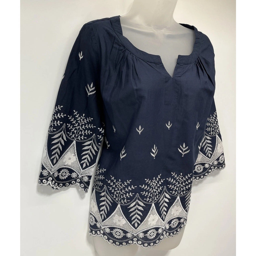 MONORENO Blue Peasant Shirt Size Small Cotton Gauze Crochet Relaxed Top NWT