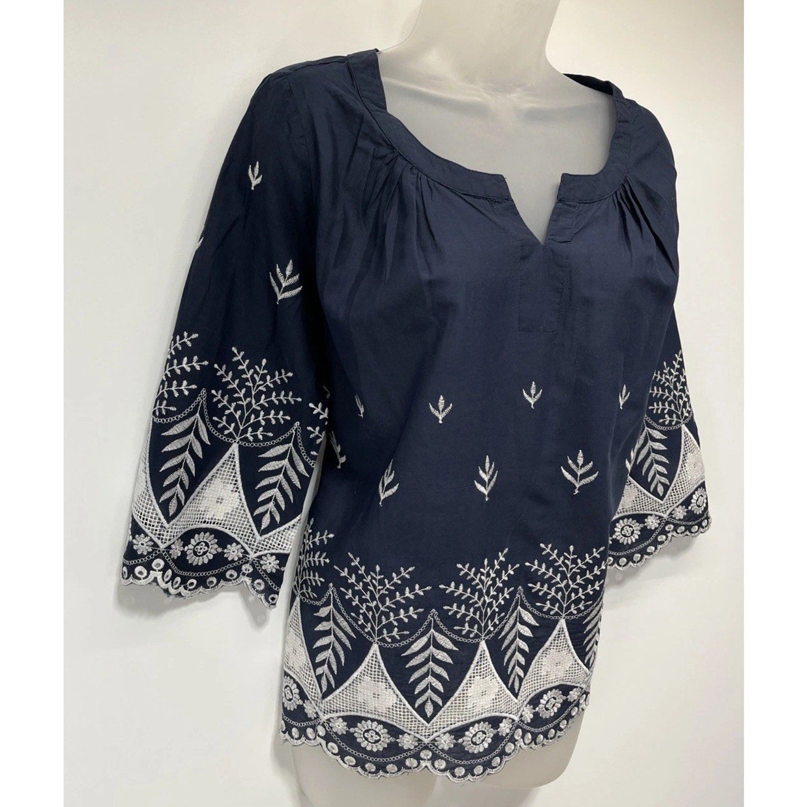 MONORENO Blue Peasant Shirt Size Small Cotton Gauze Crochet Relaxed Top NWT