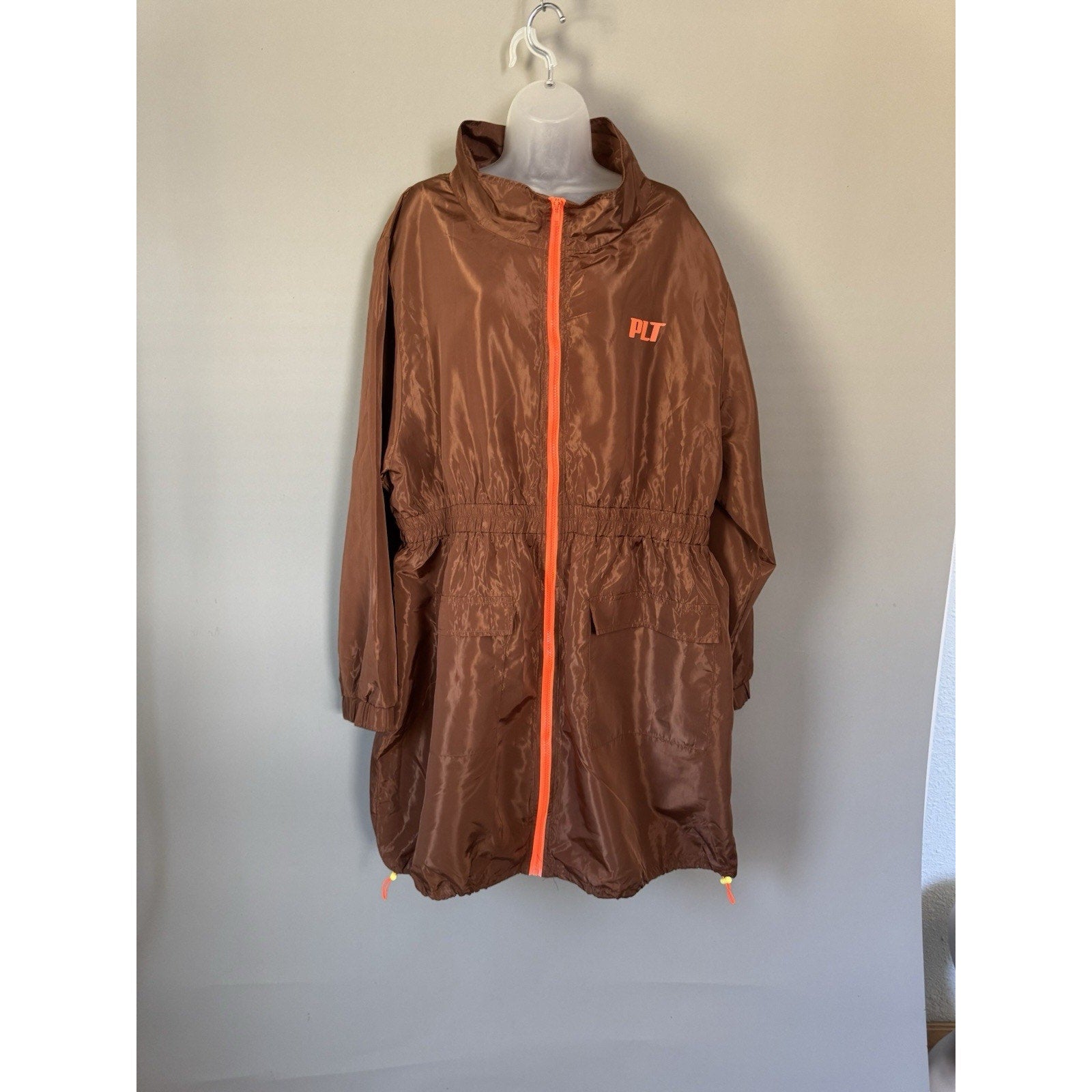 PrettyLittleThing Windbreaker Sheath Dress 3X Brown Orange Zip Long Rain Coat