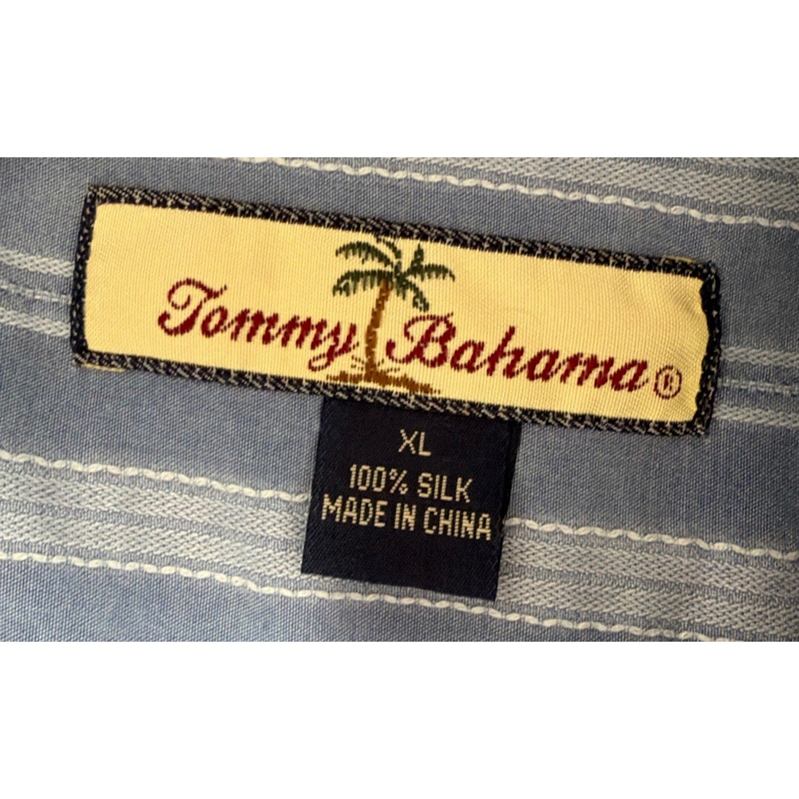 TOMMY BAHAMA SHIRT XL 100% Silk Button Up Short Sleeve Blue Striped Beach
