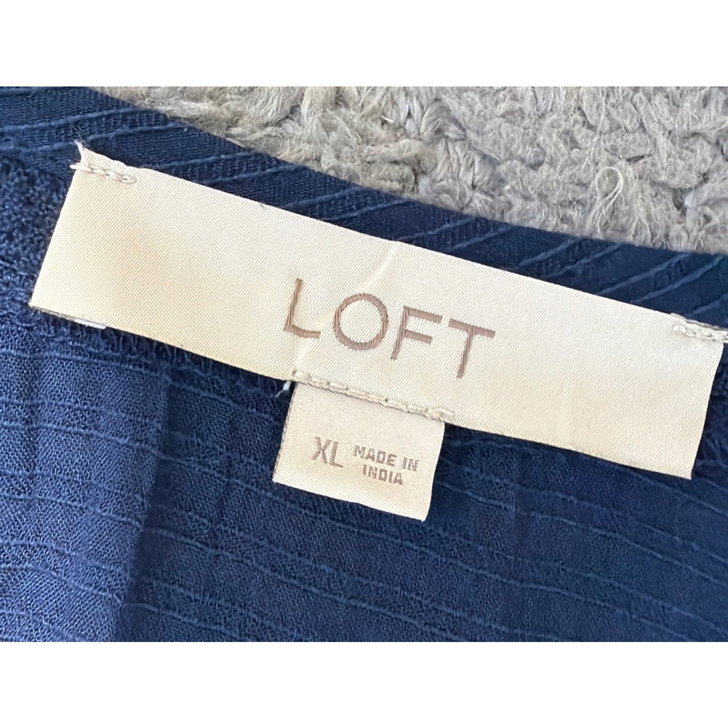 Loft Lace Trim Crotchet Sleeve Cotton blouse Navy Blue XL