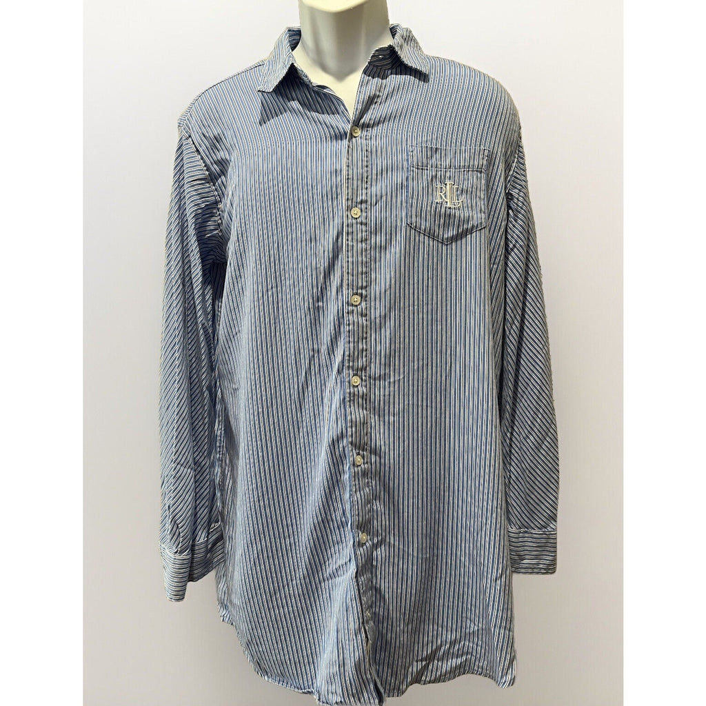Ralph Lauren Blue Striped Men's M RLL Logo Long Sleeve Button Sleep Shirt