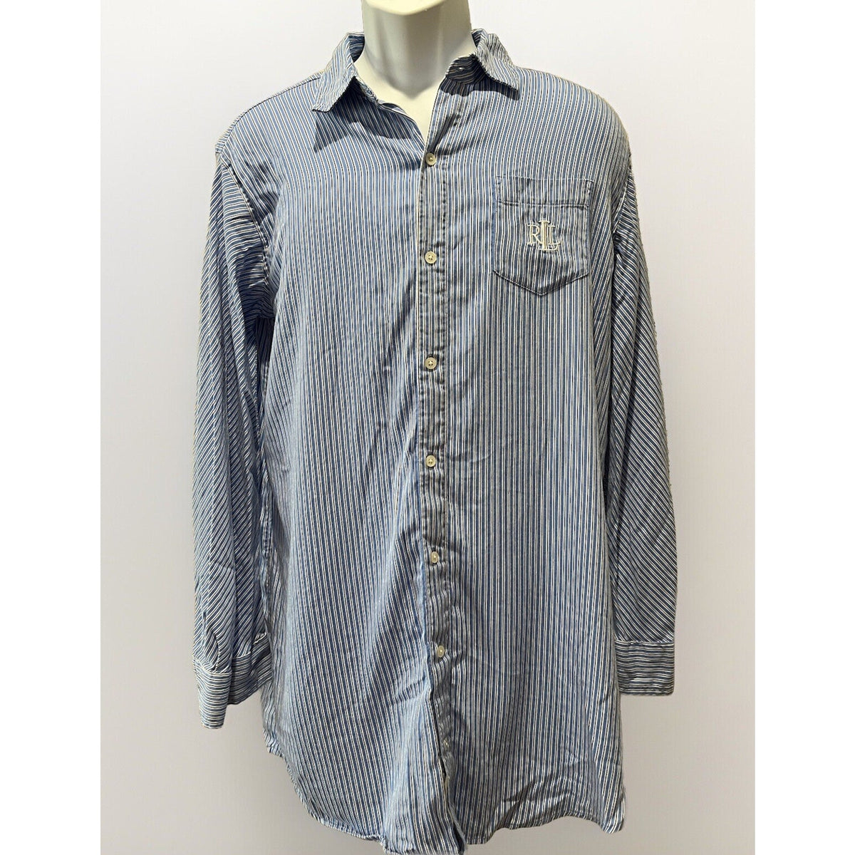 Ralph Lauren Blue Striped Men's M RLL Logo Long Sleeve Button Sleep Shirt