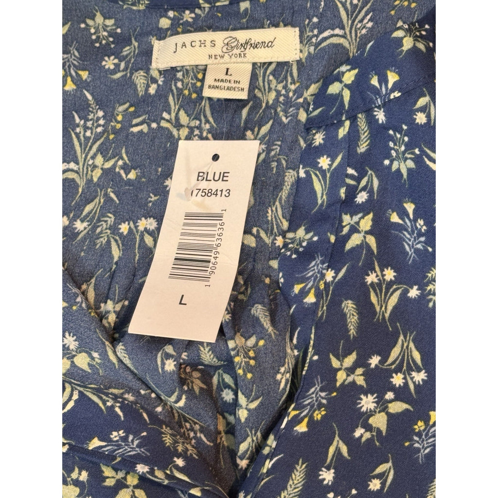 Jachs Girlfriend Button-Front Blue Floral Poly Crepe 3/4 Sleeve Blouse Large NWT