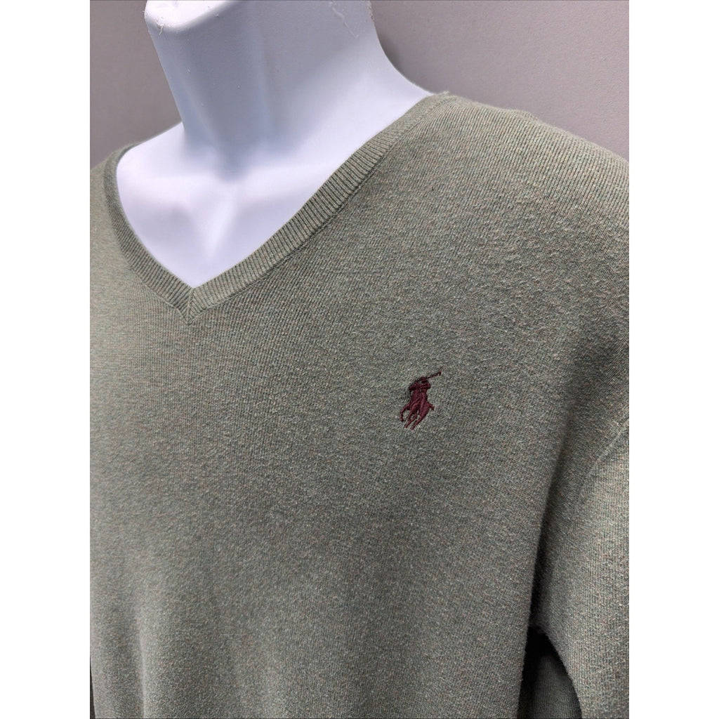 Polo Ralph Lauren Sweater Mens Large Green 100% Pima Cotton V Neck Preppy Casual
