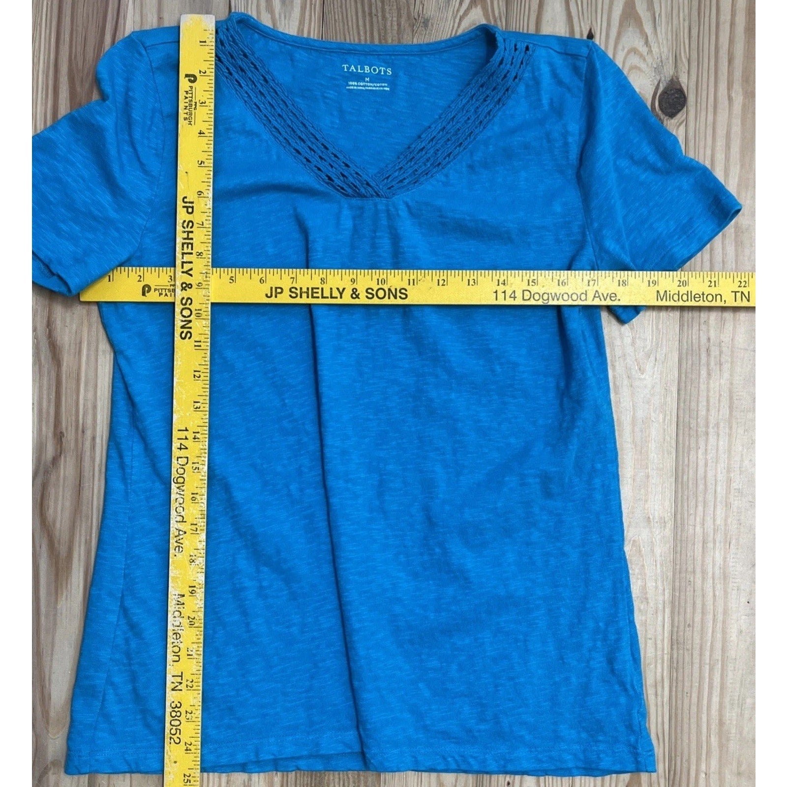 Talbots Pretty Sea Blue Crochet V-Neck Short Sleeve Cotton Top M