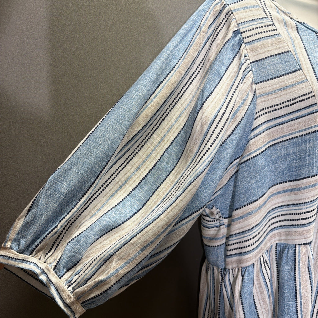 Ava James Plus Size 2X Dress Blue White Striped Linen Blend Balloon Sleeve New