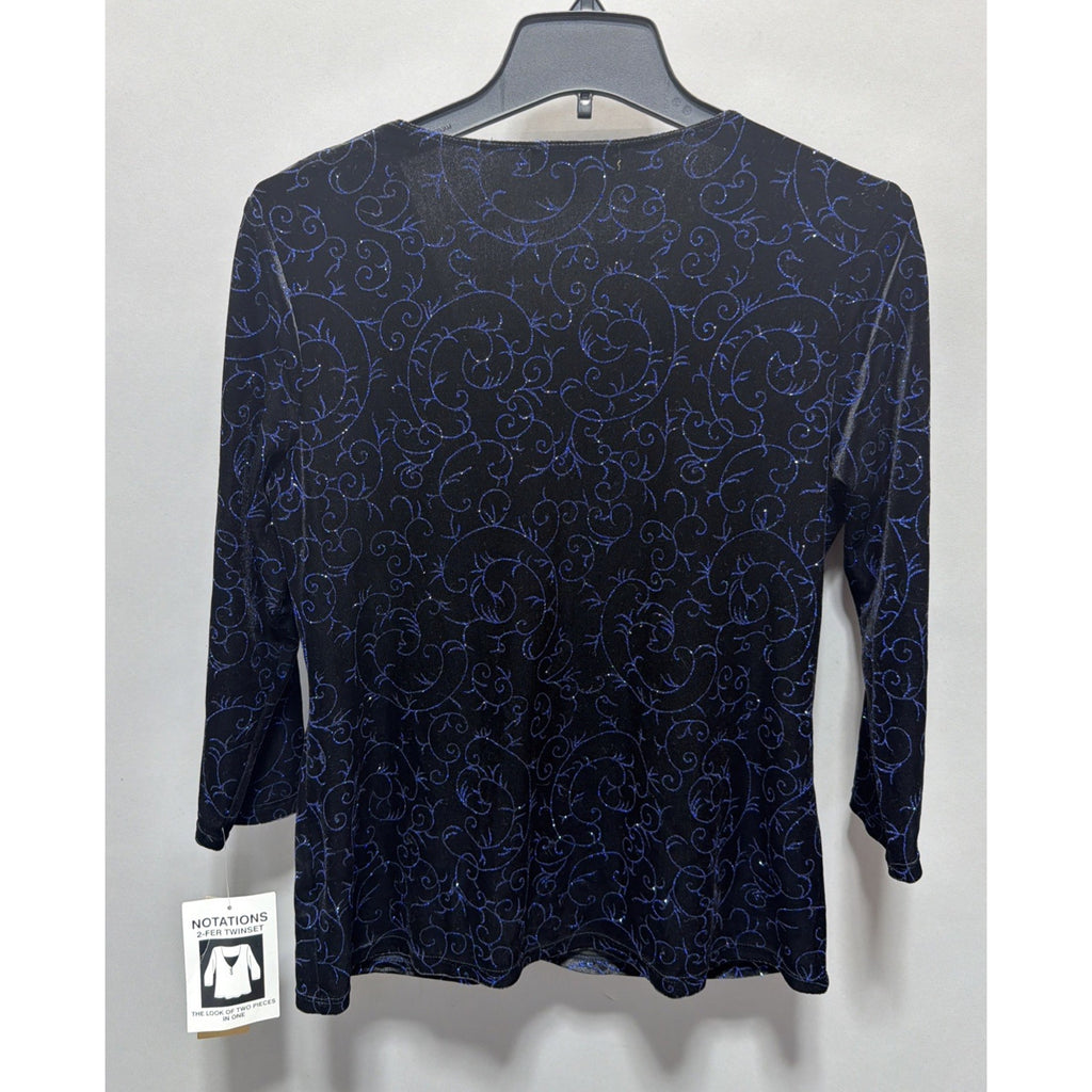 NOTATIONS VELVET TOP WOMEN'S BLACK BLUE GLITTER INNER FAUX TANK Size L
