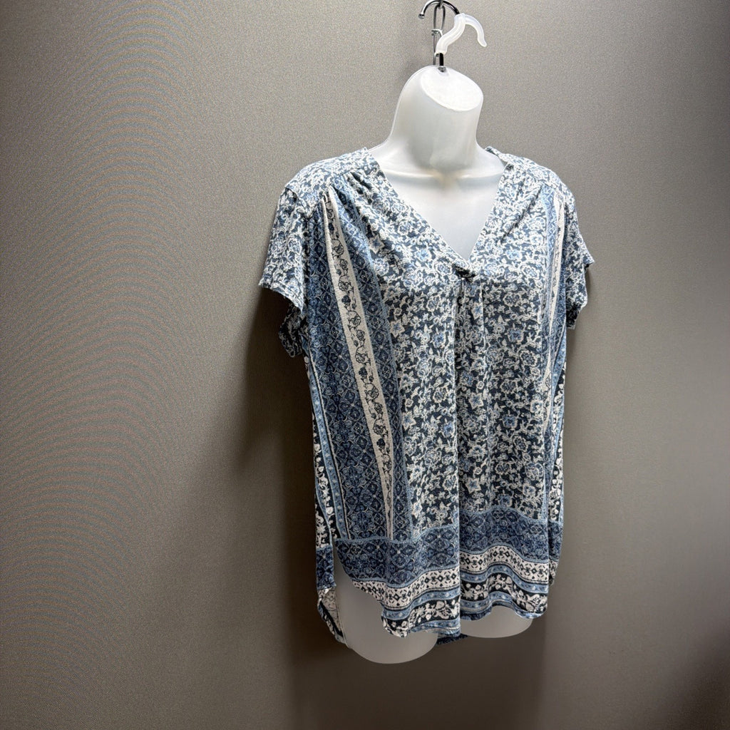 Womens Large Lucky Brand Short Sleeve Notch Neck Floral Shirt Top Blue White