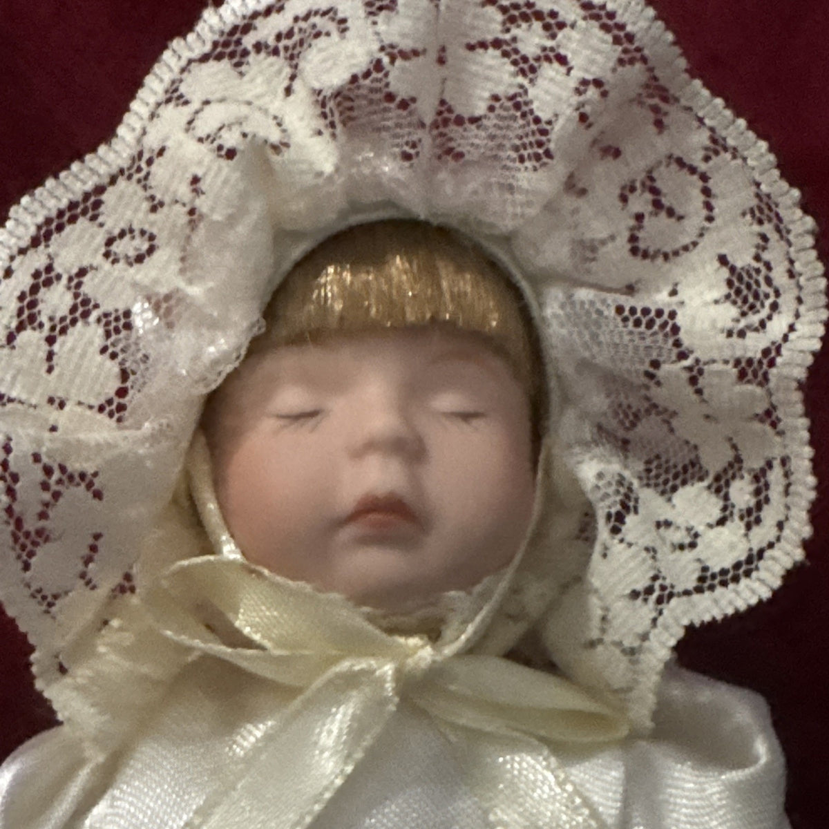 Vintage Mini Porcelain Baby Doll 5” White Satin Lace Dress Bonnet Collectible
