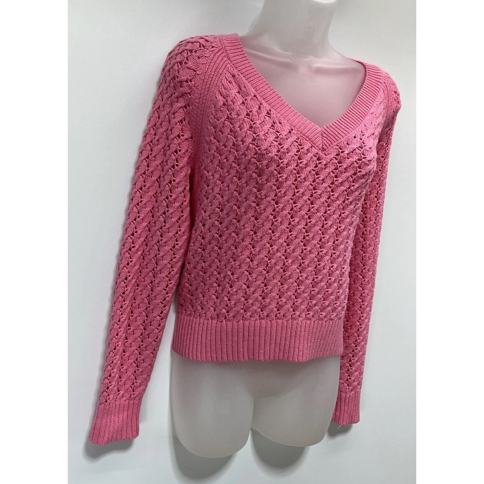 Talbots Sweater Womens M Petite 100% Cotton Open Knit Pullover Pink V Neck