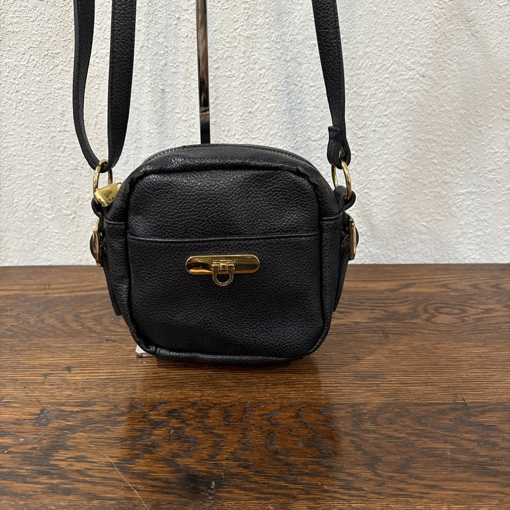 Mixed Bag Designs Black Leather Crossbody Bag Gold Finials Long Strap 7"