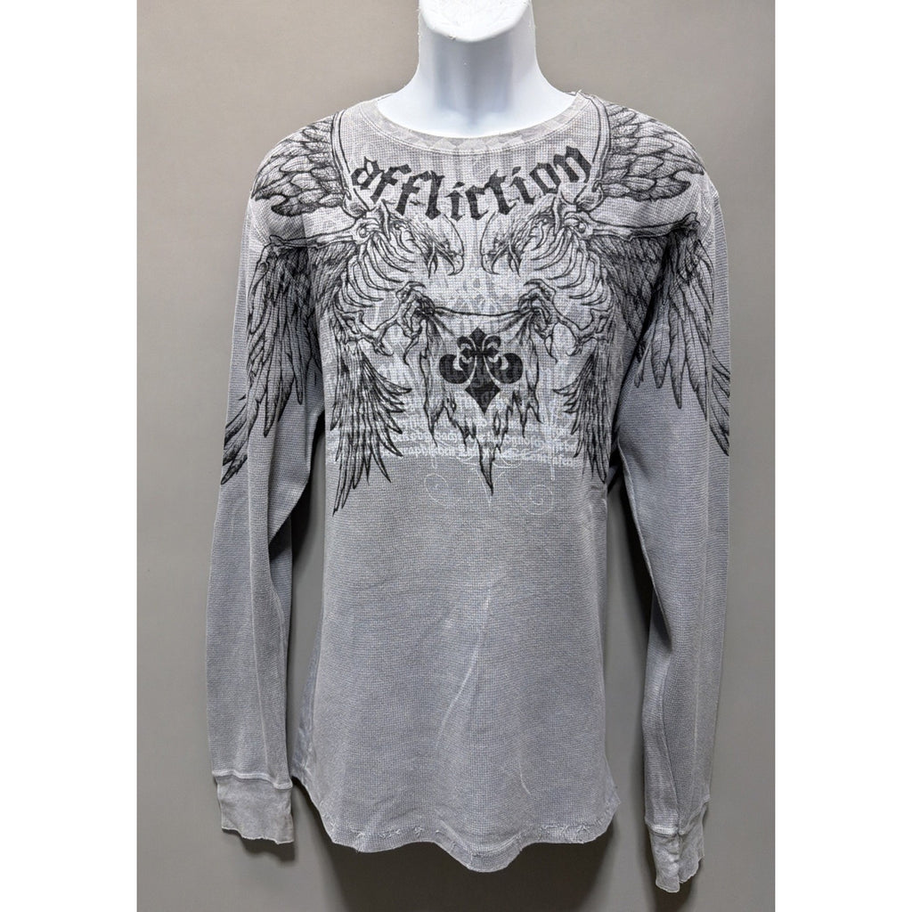 Affliction Y2K Men's Eagle Wings Flag Gray Long Sleeve Thermal Shirt XL
