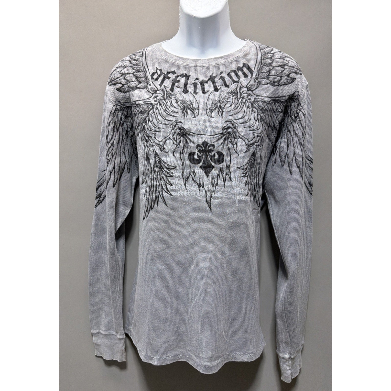 Affliction Y2K Men's Eagle Wings Flag Gray Long Sleeve Thermal Shirt XL