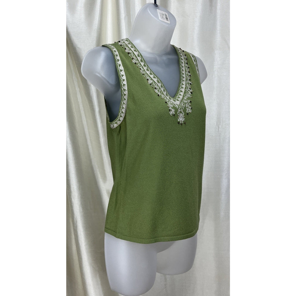 Ann Klein Vintage Embroidered V Neck Sequin Tank Top Size Petite Medium