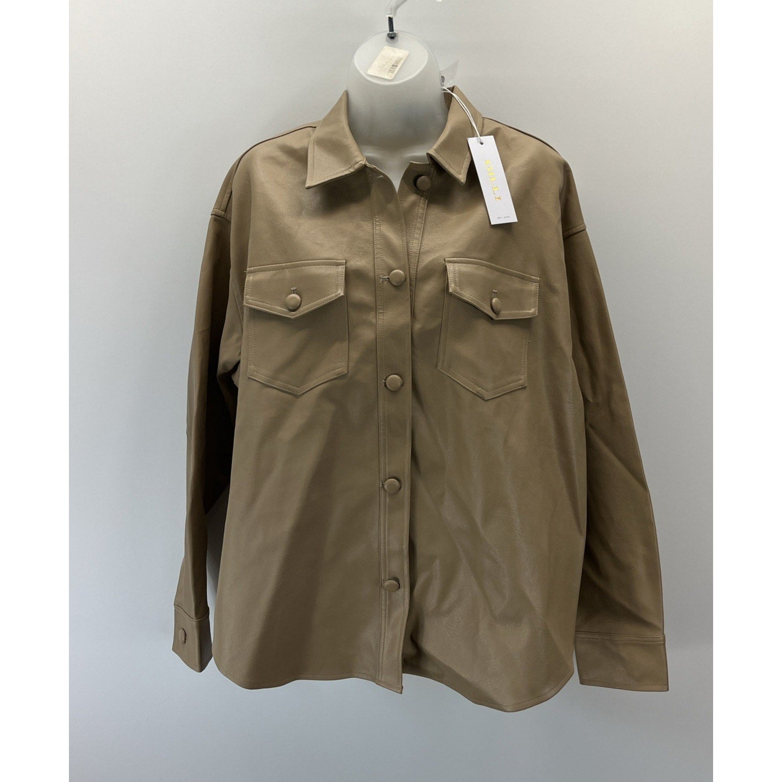 NWT Gilli Faux Leather Shacket Button Up Womens Tan Sz M