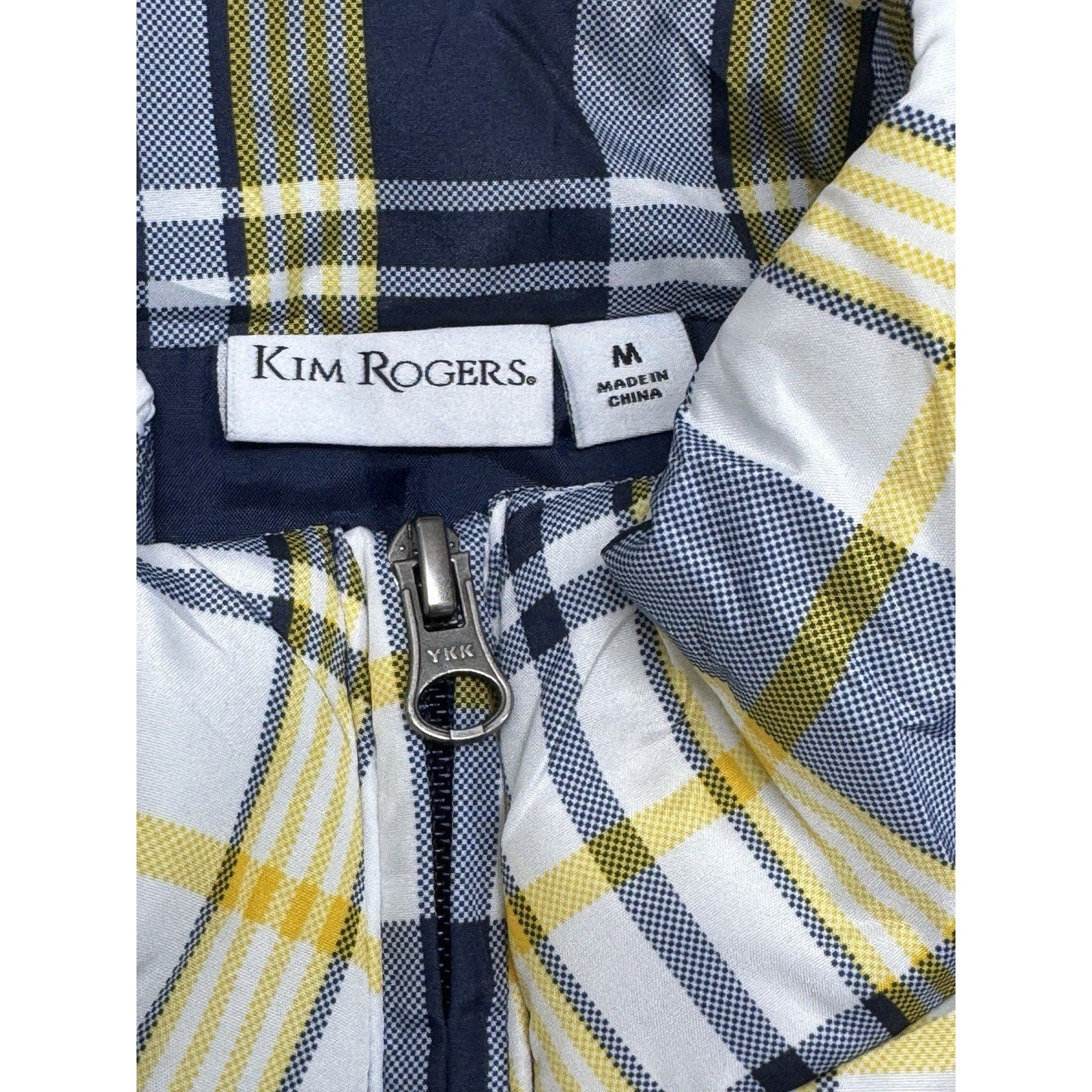 Kim Rogers Vest Puffer Plaid Yellow White Gray Black Zip Front Pockets Women's M