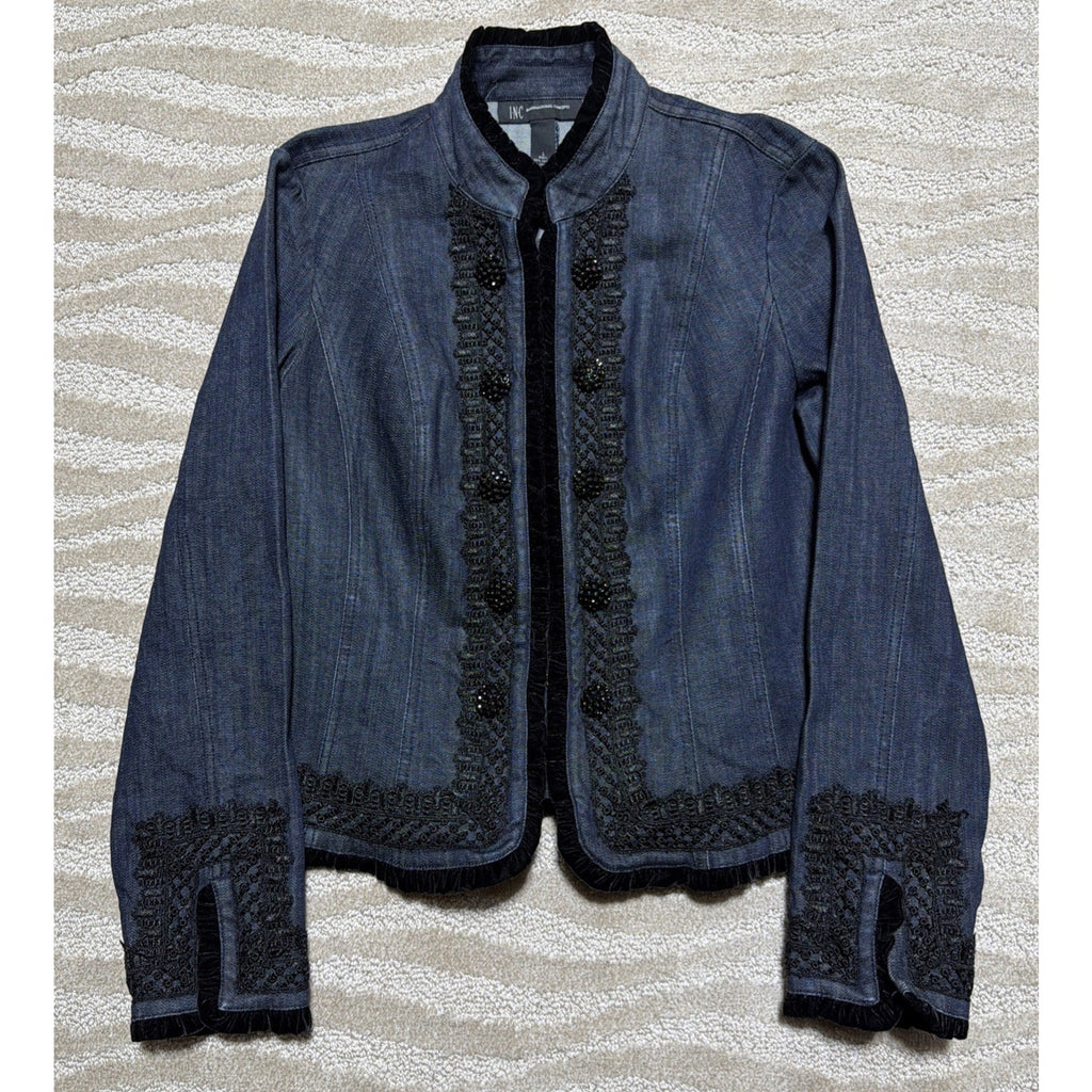 International Concepts Denim Jacket Embroidered Velvet Trim Boho Size Large