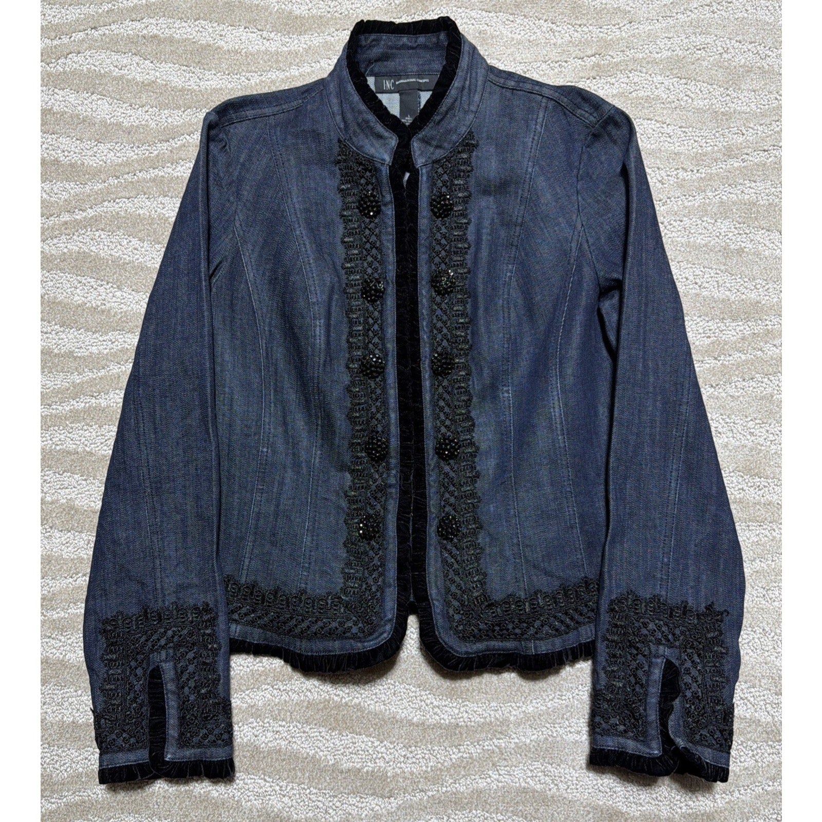 International Concepts Denim Jacket Embroidered Velvet Trim Boho Size Large