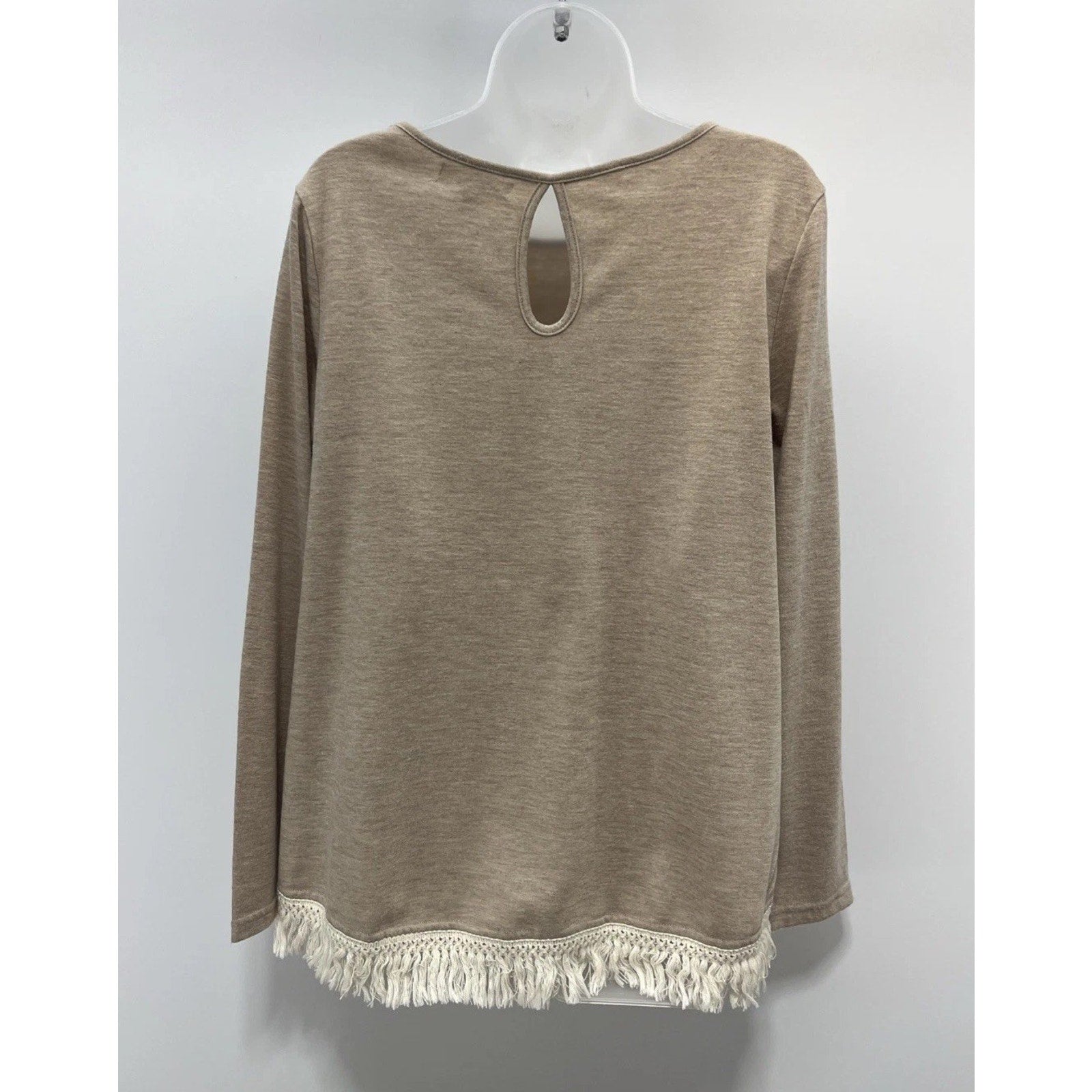 YA Los Angeles Boho Top Shirt Womens Large Brown Waffle Knit Fringe Long Sleeve