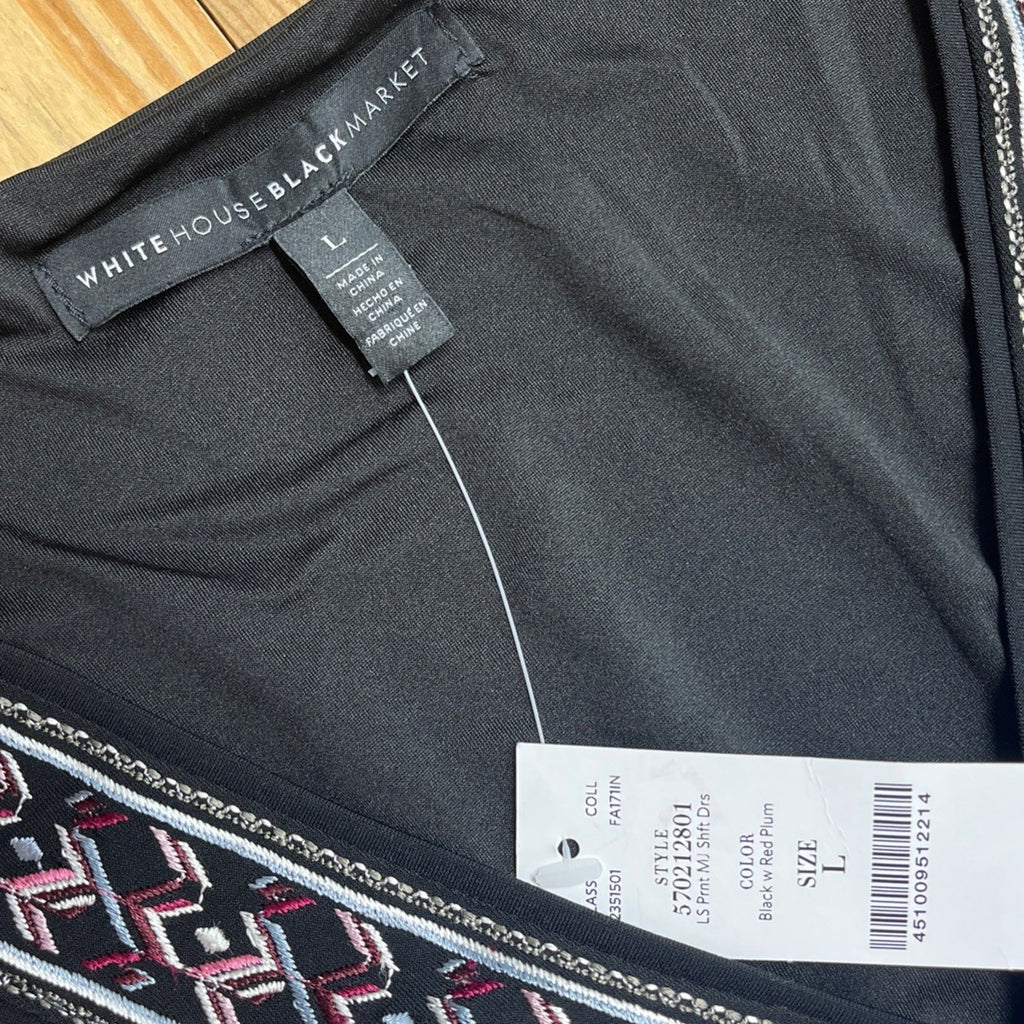 White House Black Market LS Floral Shift Dress L Embroidered V Neck Jersey Black