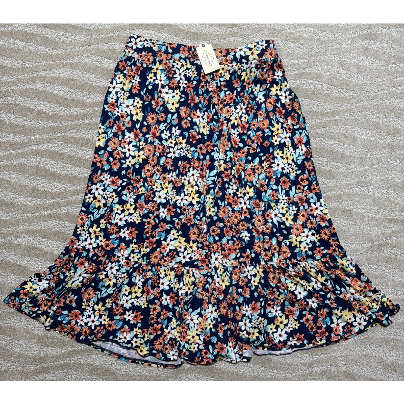 NWT St. John's Bay Maxi Skirt Womens 2XL Navy Blue Multi Floral Boho Resort Wear