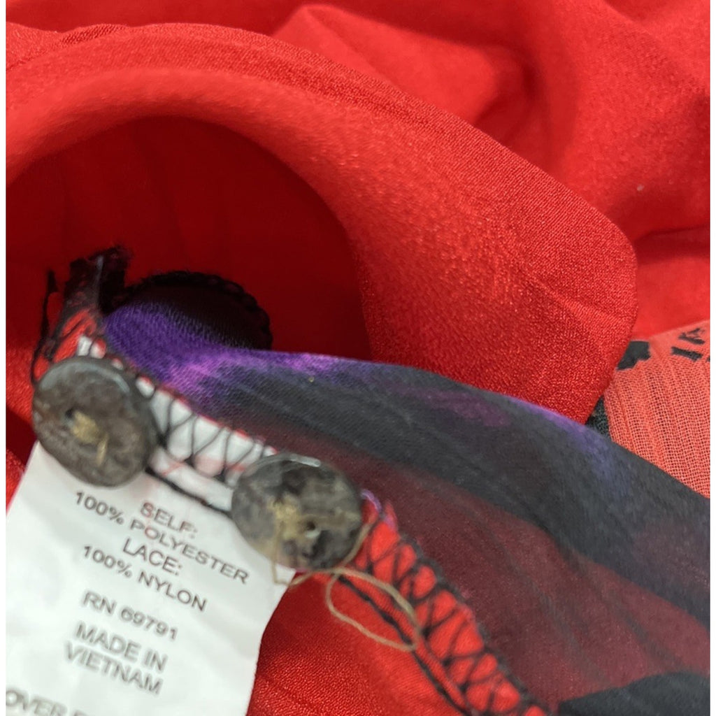 Fig & Flower Top Size M Purple Red Colorful Tie Front Sheer Popover Shirt