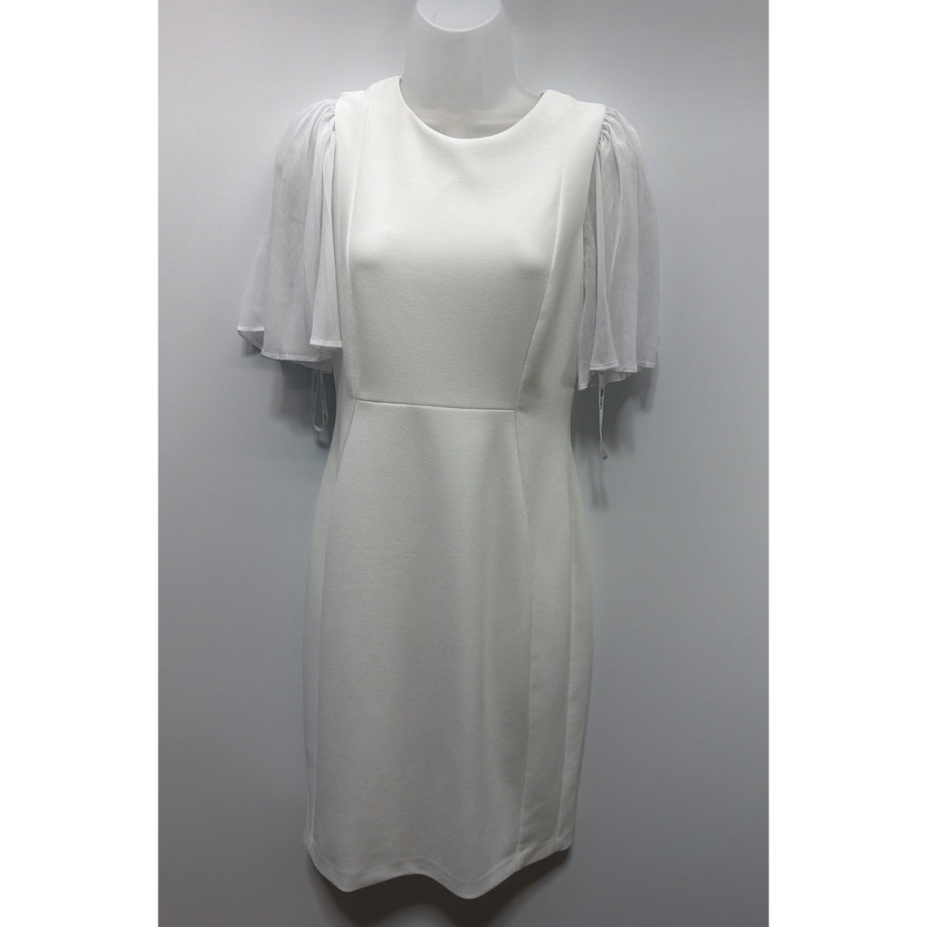 CALVIN KLEIN FLUTTER CHIFFON SLEEVE W/ BUTTONS SHEATH DRESS, WHITE, SIZE 6