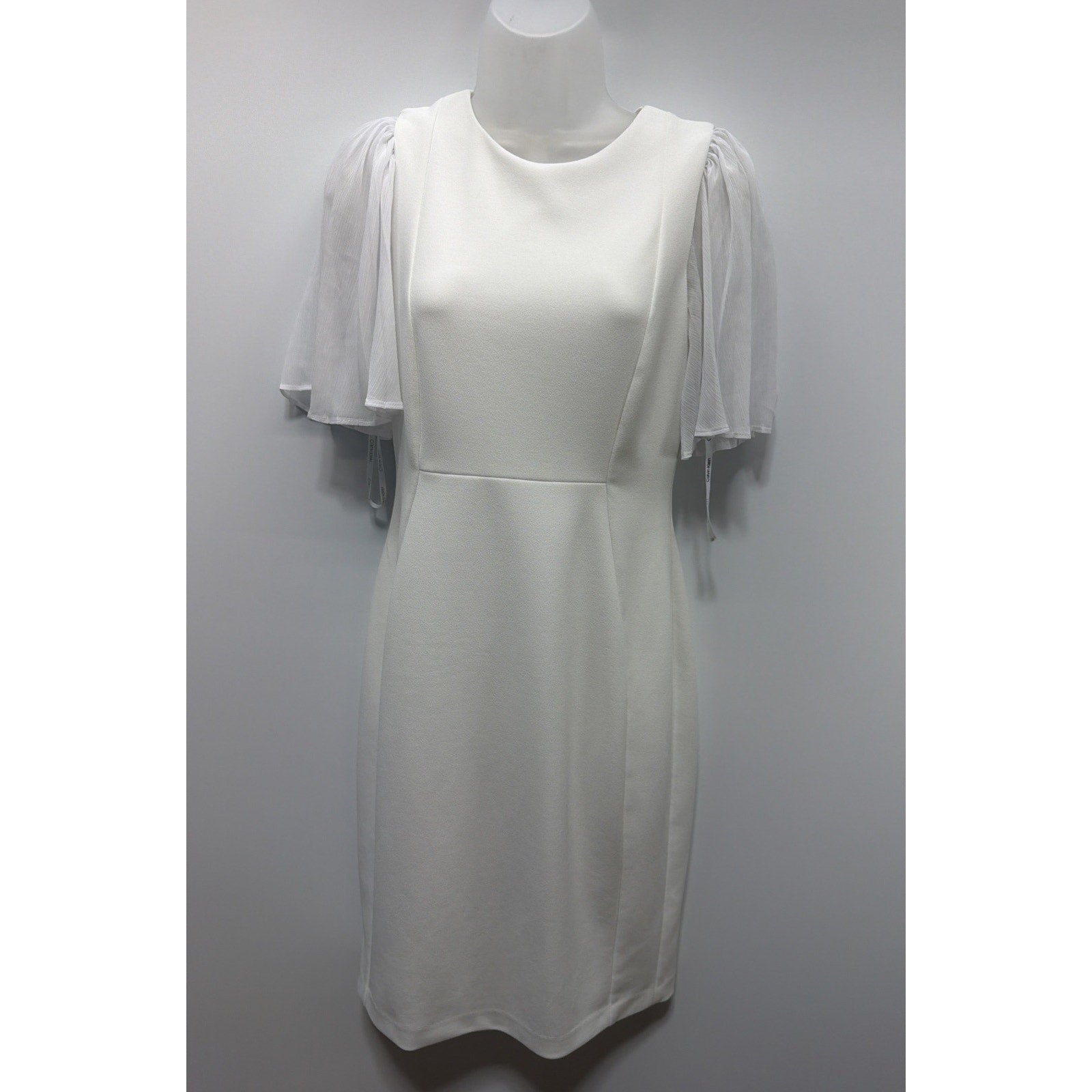CALVIN KLEIN FLUTTER CHIFFON SLEEVE W/ BUTTONS SHEATH DRESS, WHITE, SIZE 6