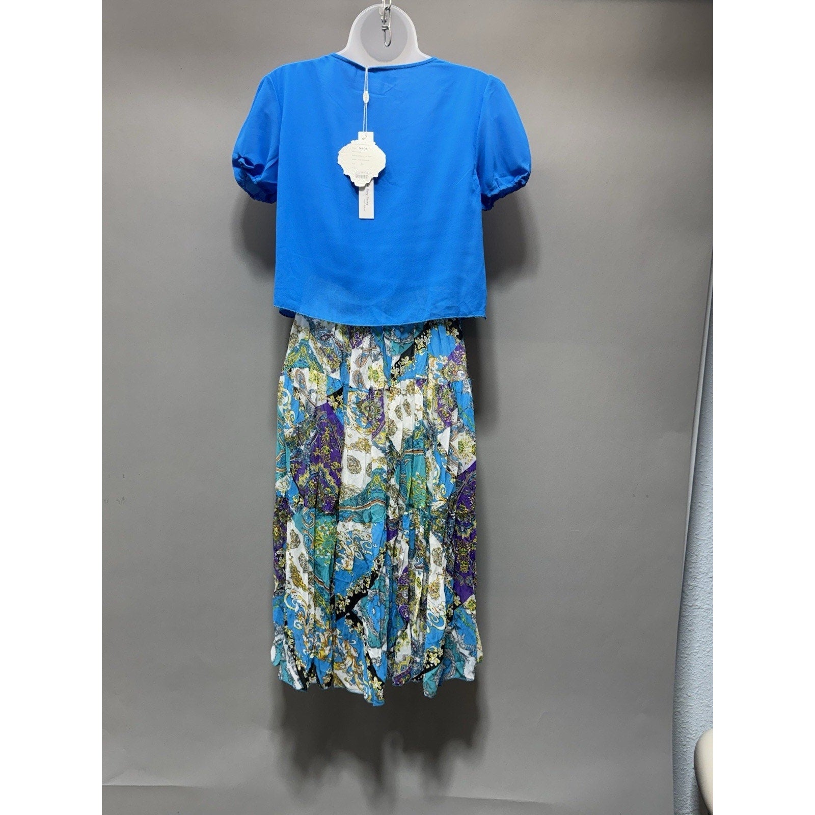 Boho Midi Dress Women M Blue Puff Sleeve Patchwork Print Flowy Summer Vacation
