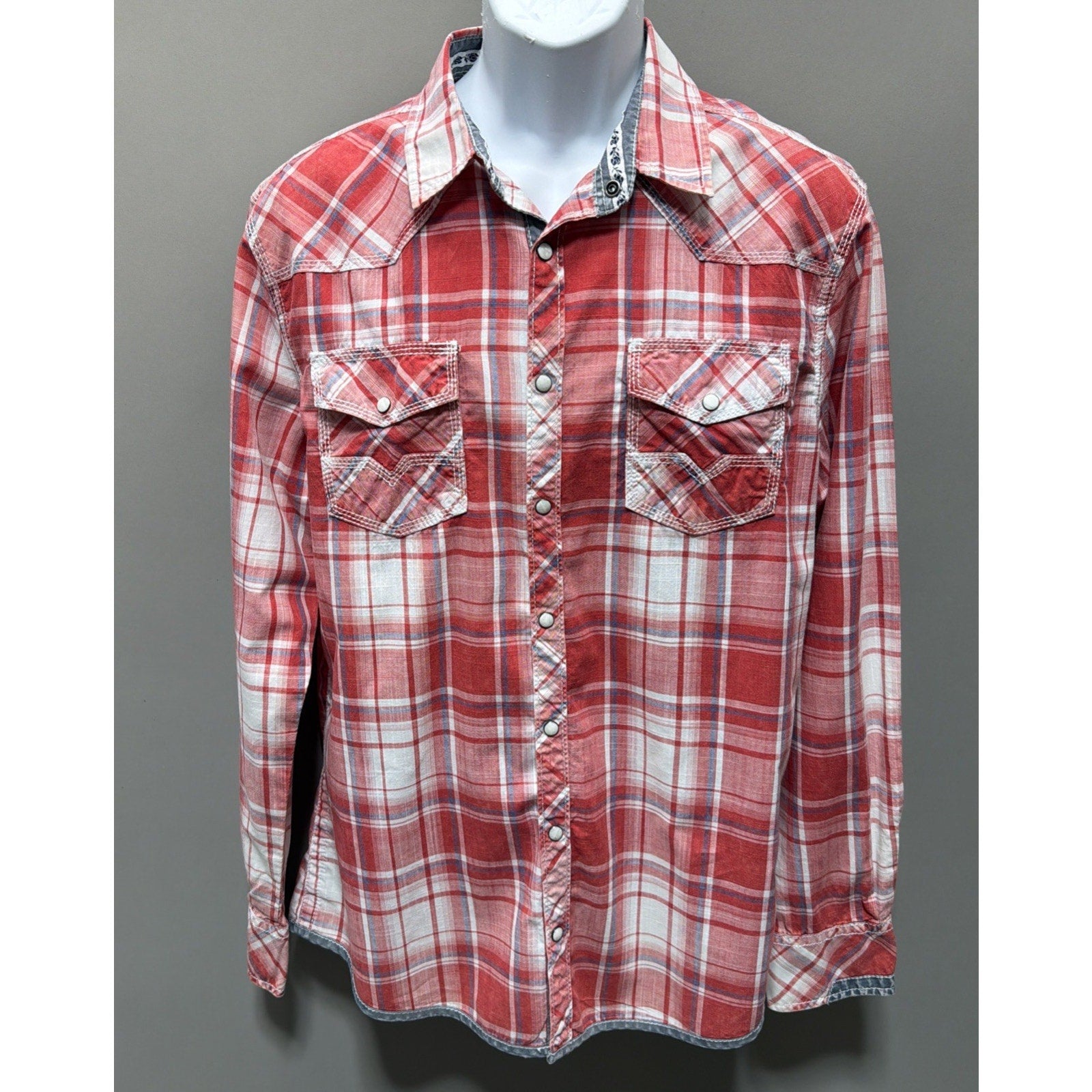 BKE Mens Red Plaid Pearl Snap Shirt Athletic Fit Size L Western Cowboy