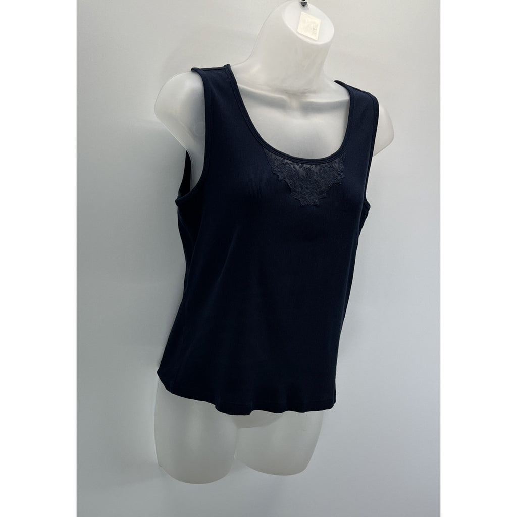 Lauren Ralph Lauren Blue Ribbed Tank Top with Lace Trim Y2K Preppy Size L