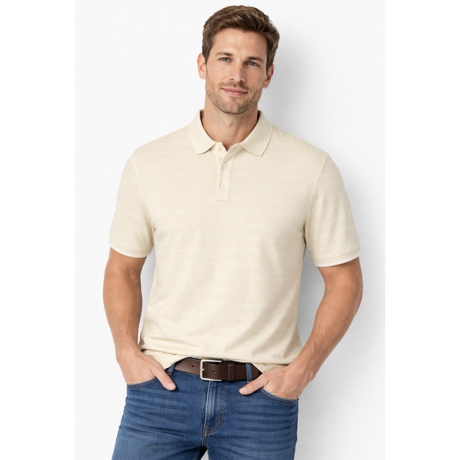 Madison Clothing Co Polo Shirt Mens M Cream Striped 100% Cotton Short Sleeve