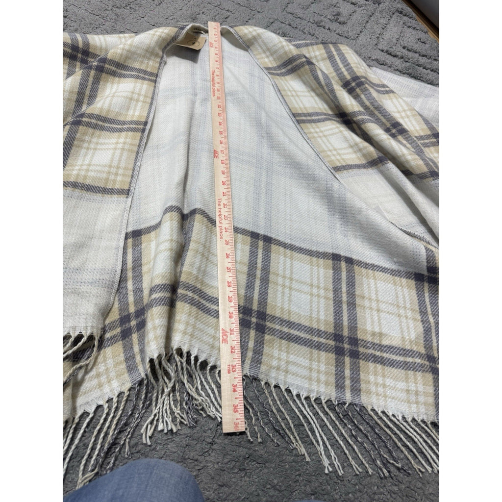NWT Origami by Vivien Oversized Plaid Poncho Shawl Wrap Fringe One Size Ivory