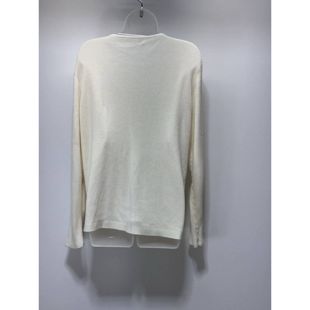 Calvin Klein Sweater Ivory Ribbed Knit V-Neck Full Zip Women’s Size XL