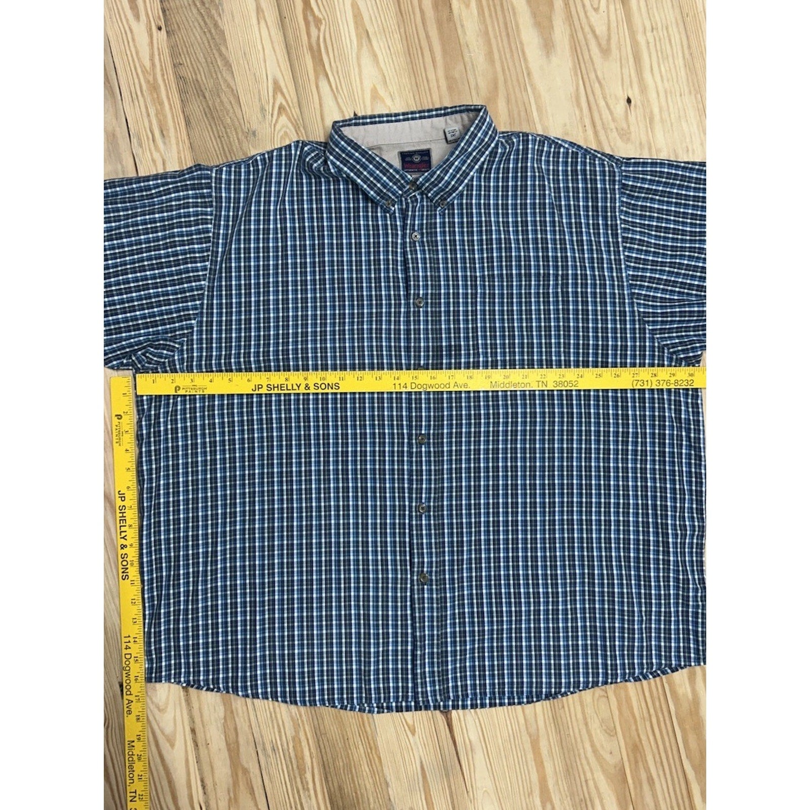 Wrangler Mens sz 3X Casual Button Up Shirt Blue Plaid Short Sleeve Collared
