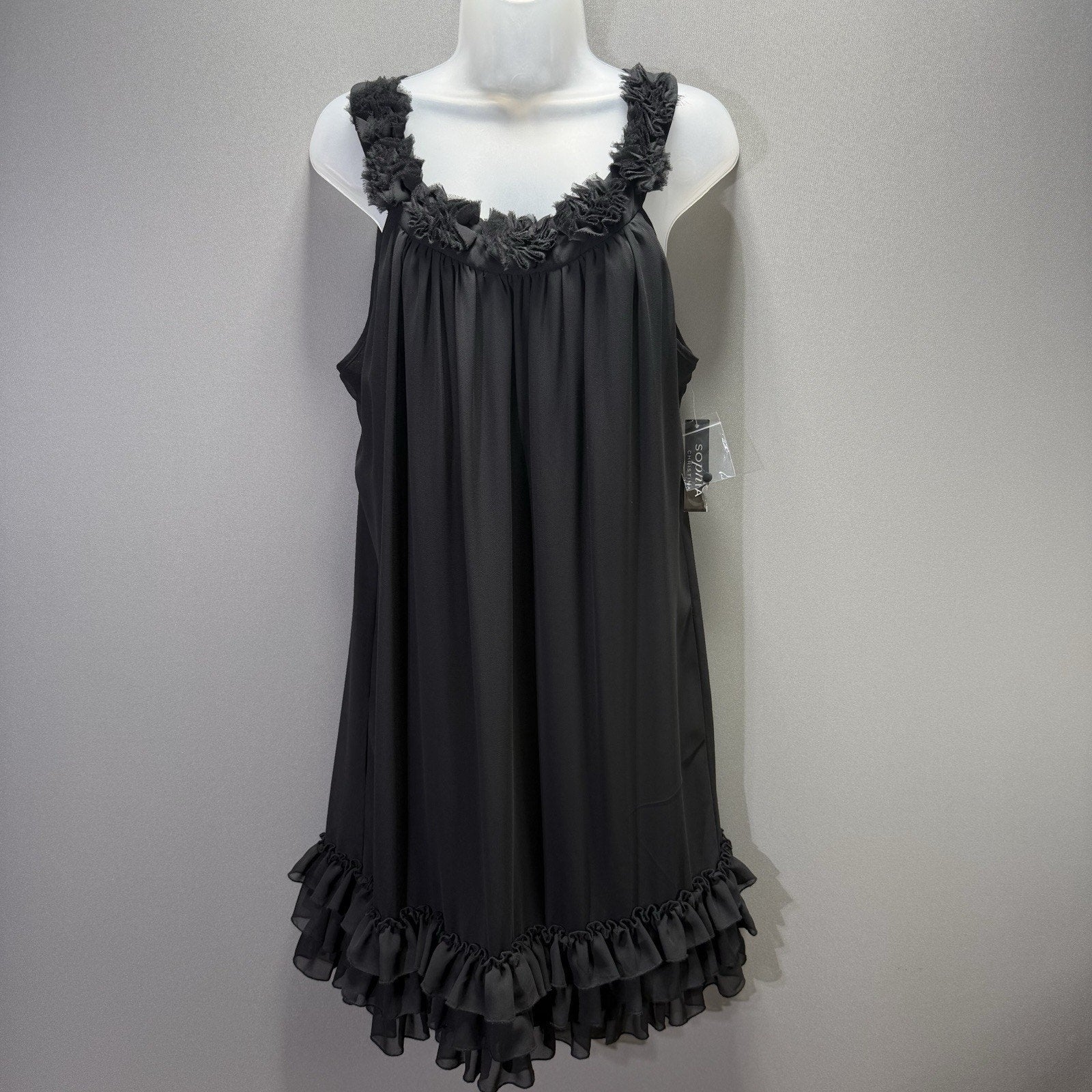 Sophia Christina Dress Womens 16 Black Ruffle Sleeveless Chiffon Cocktail NWT