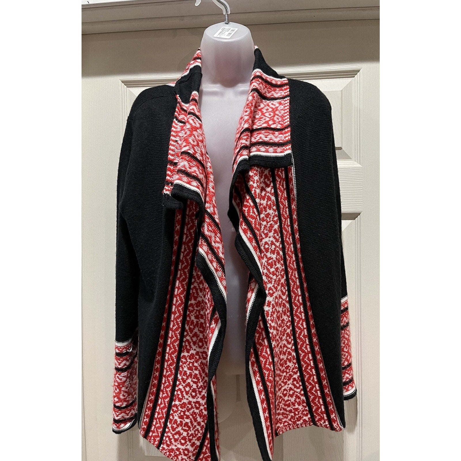 Ruby Rd Women’s Medium Open Front Cardigan Sweater Black Red USA Made Boho